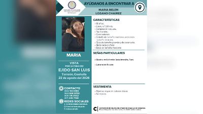 Piden ayuda para localizar a María Belén Lozano Chairez